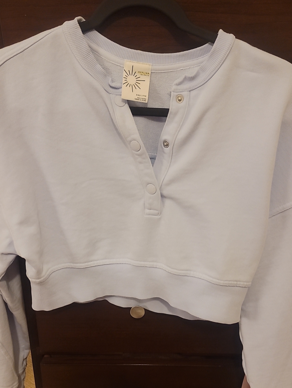 aerie OFFLINE Cropped Women Light Blue Cropped Henley Sweatshirt Thumbholes XXS